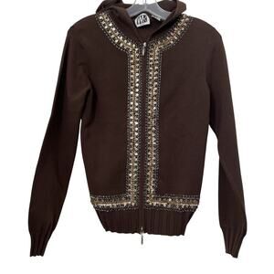 VTG WR Brown Sequence Hooded Zip Sweater Woman Sz M Y2K Preppy Boho Old Money‎
